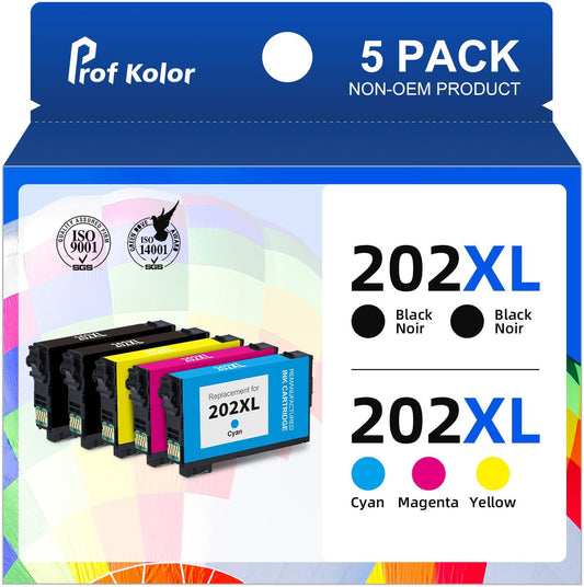 202XL Ink Cartridges for Epson 202 Ink Cartridges for Epson Expression Home XP-5100 WorkForce WF-2860 Printer (5 Pack,2 Black 1 Cyan 1 Magenta 1 Yellow)