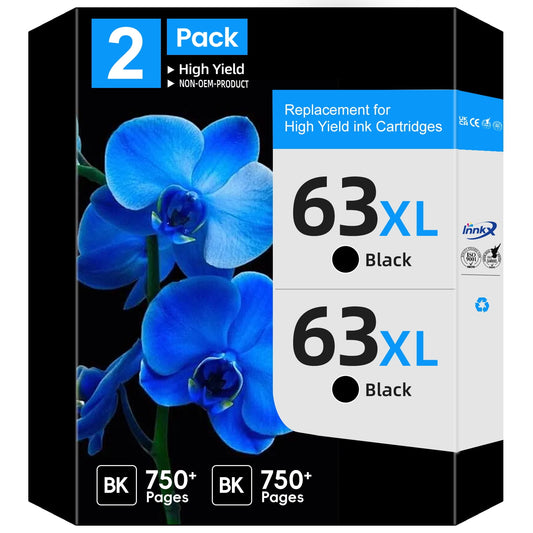63XL 63 Ink Cartridges Compatible for HP 63 XL Ink Cartridges for HP Officejet 3830 Ink for HP Ink 63 Black 2-Pack