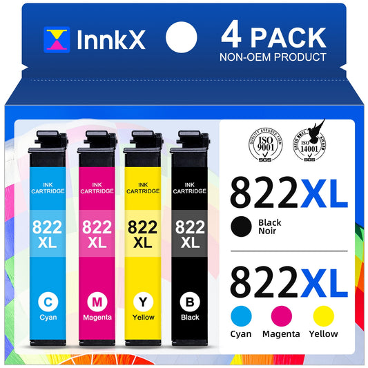 822XL Ink Cartridges for Epson 822 Ink Cartridges for Epson Workforce Pro WF-3820 WF-4833 WF-4820 WF-4830 WF-4834(Black, Cyan, Magenta, Yellow,4-Pack)